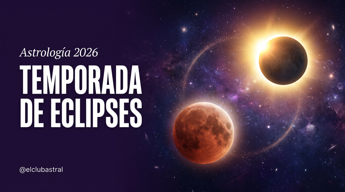 Ciclo de eclipses solar y lunar sobre cielo cósmico — Temporada de eclipses 2026 de El Club Astral