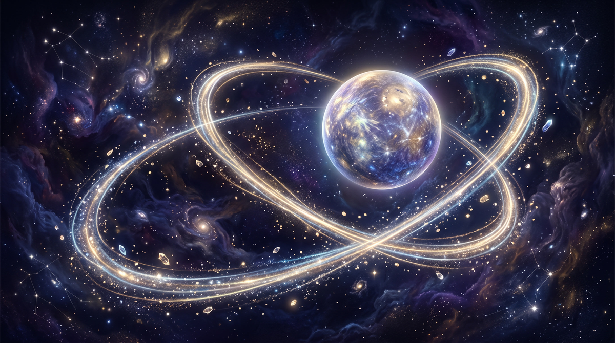 El planeta Mercurio con un bucle de luz retrógrado sobre cielo cósmico