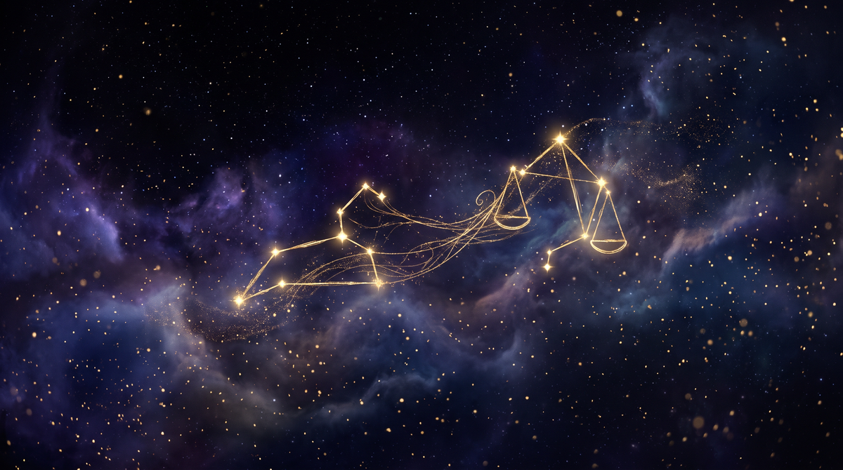 Dos constelaciones doradas conectadas por hilos de luz sobre nebulosa cósmica