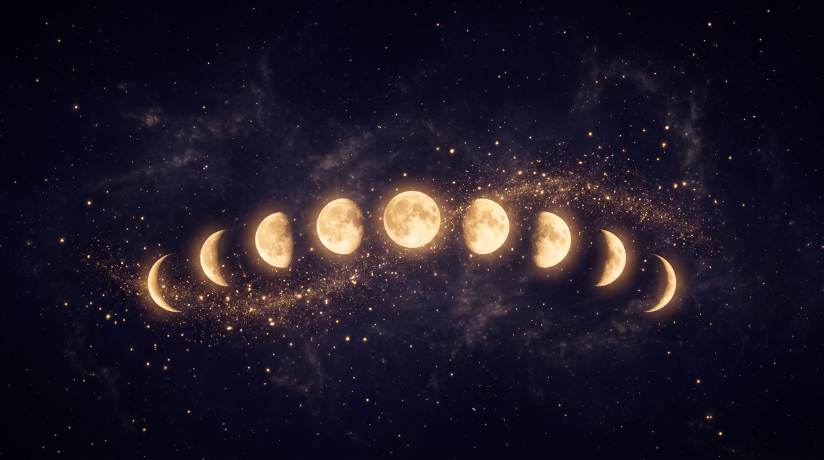 Las fases de la luna en fila, brillando en dorado sobre cielo cósmico
