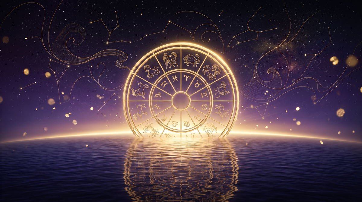 Rueda zodiacal dorada saliendo por el horizonte cósmico — el ascendente