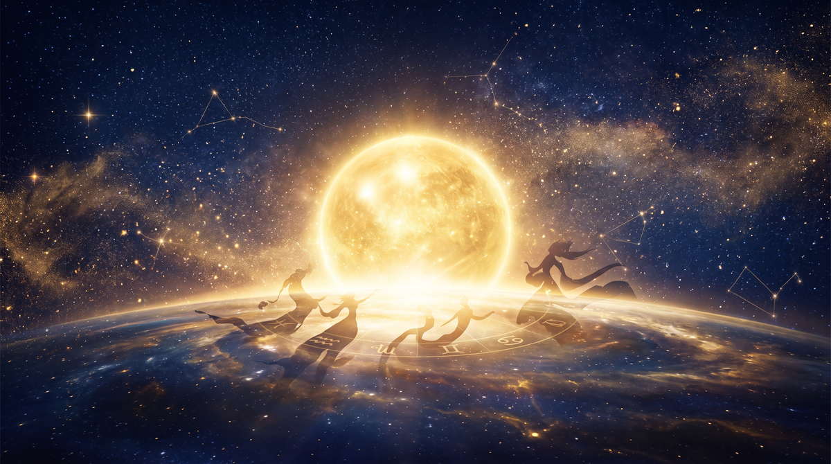 Sol dorado regresando sobre el horizonte cósmico — Revolución Solar