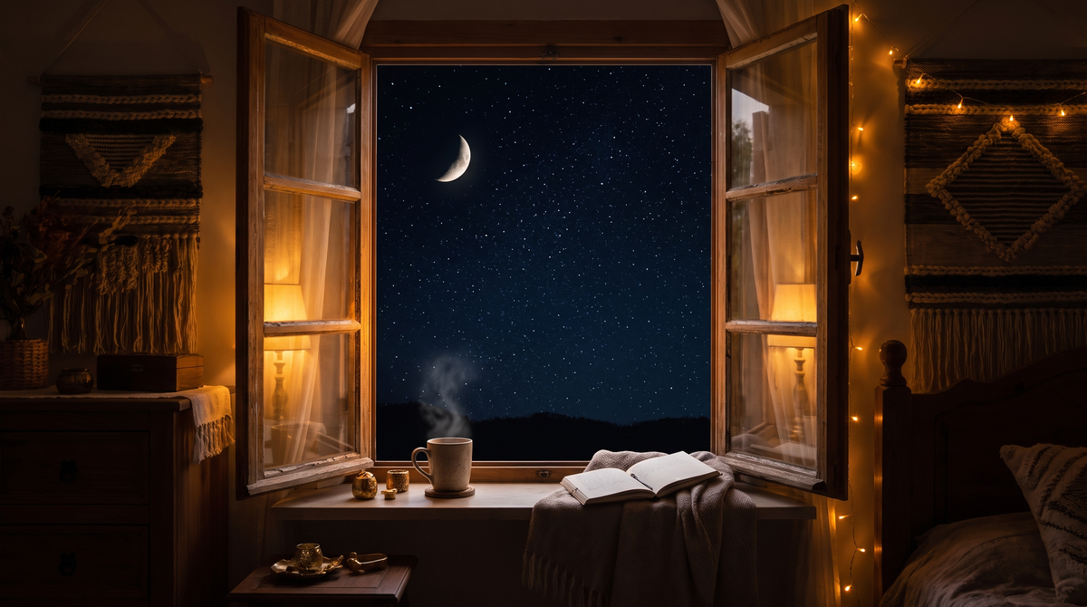 Ventana cósmica cálida hacia la luna y las estrellas — ritual semanal