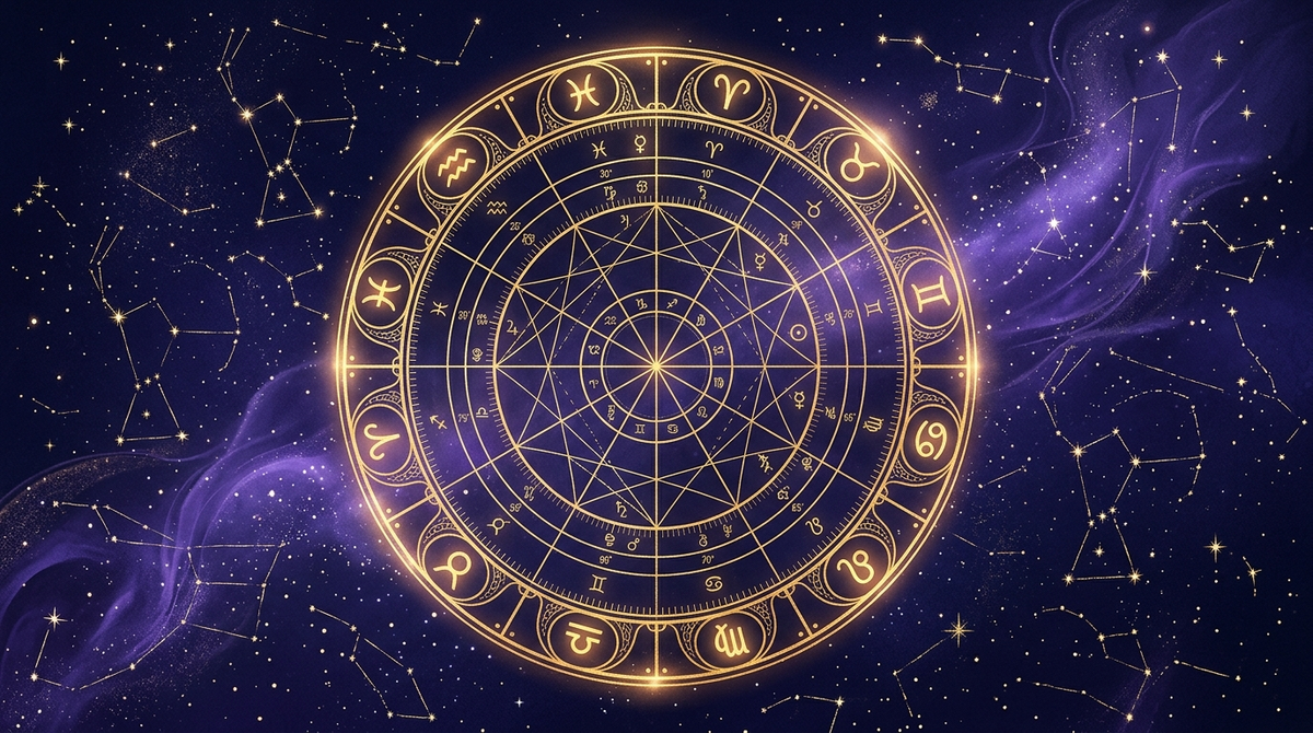 Rueda de carta natal dorada sobre cosmos índigo