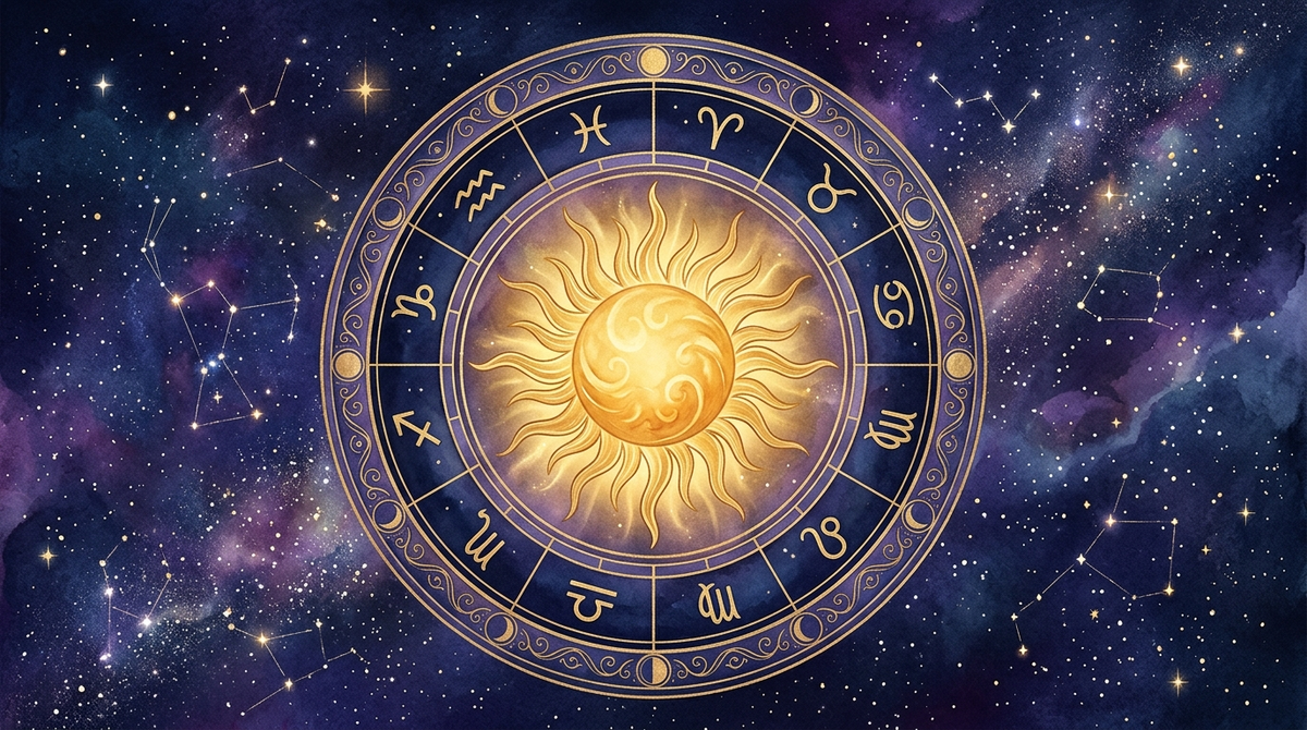 Orbe solar dorado dentro de un anillo zodiacal anual