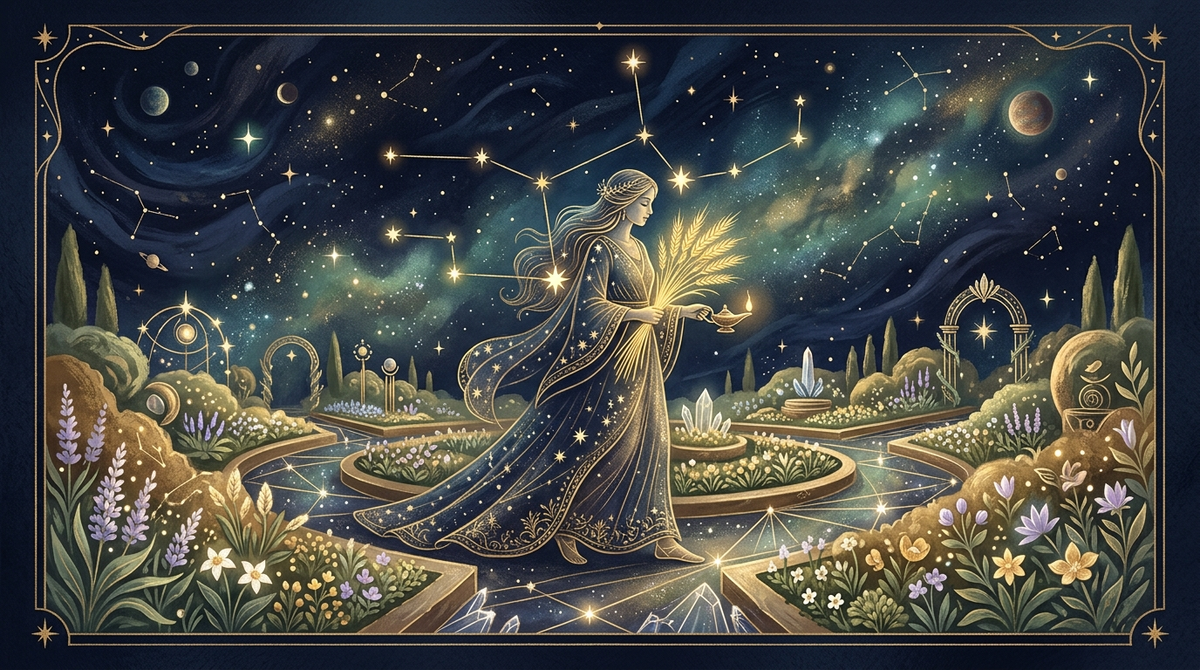 Constelación de Virgo con trigo dorado, jardín celeste