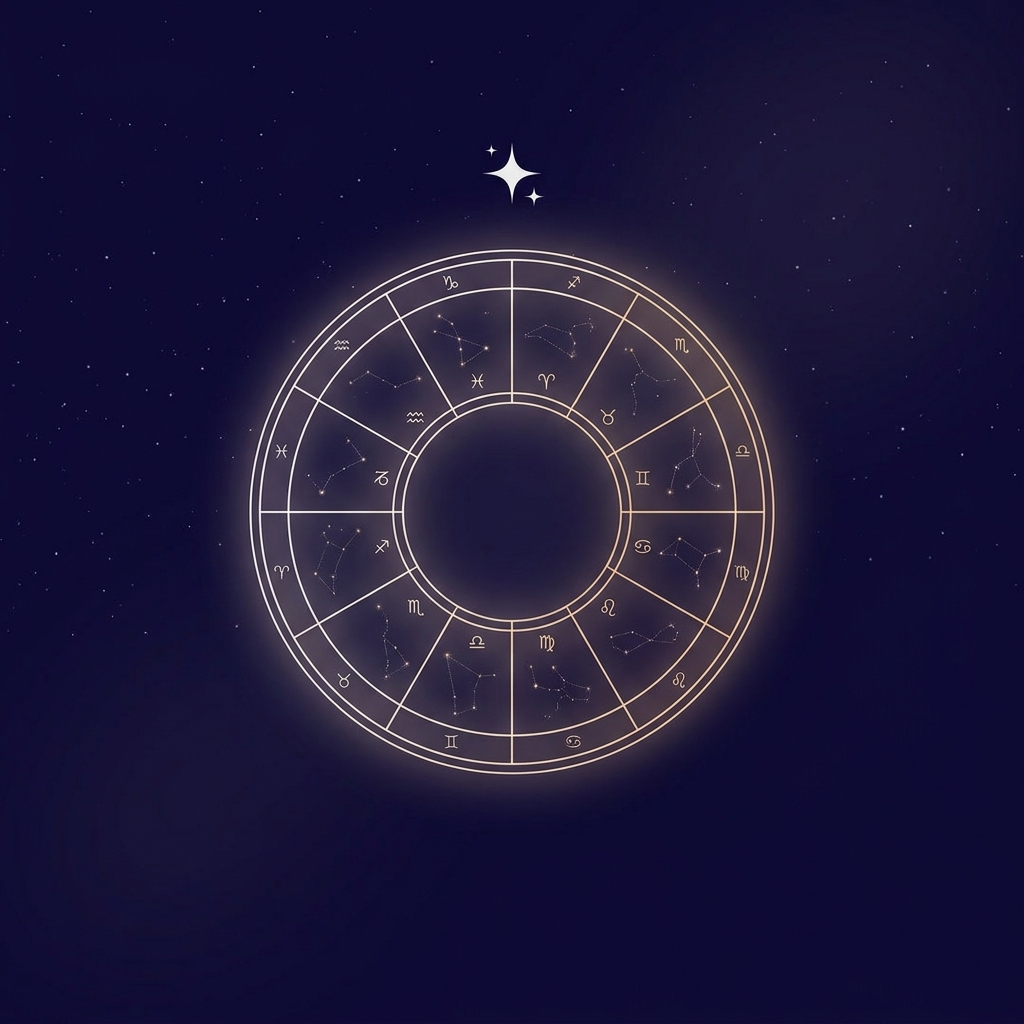 Carta astral natal — rueda zodiacal dorada sobre cielo cósmico índigo, Club Astral