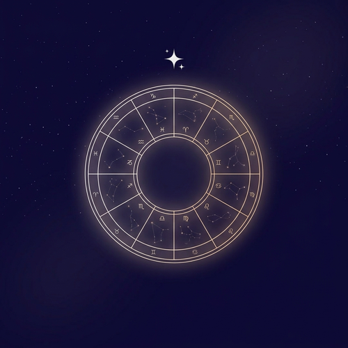 Carta astral natal — rueda zodiacal dorada sobre cielo cósmico índigo, Club Astral