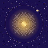 Revolución Solar — sol dorado radiante sobre cielo índigo, Club Astral