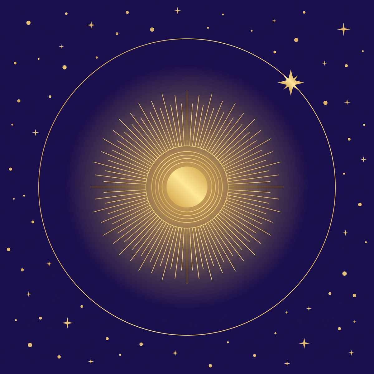 Revolución Solar — sol dorado radiante sobre cielo índigo, Club Astral