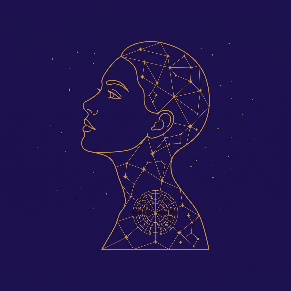 Perfil con constelaciones y carta natal en oro — Carta Astral